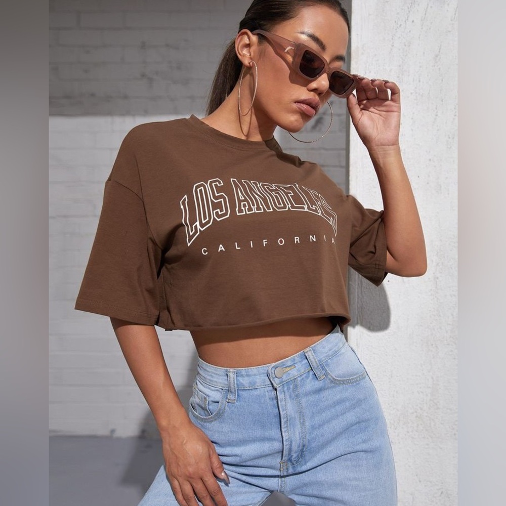 Coffee Brown Los Angeles California cropped tee SZ L